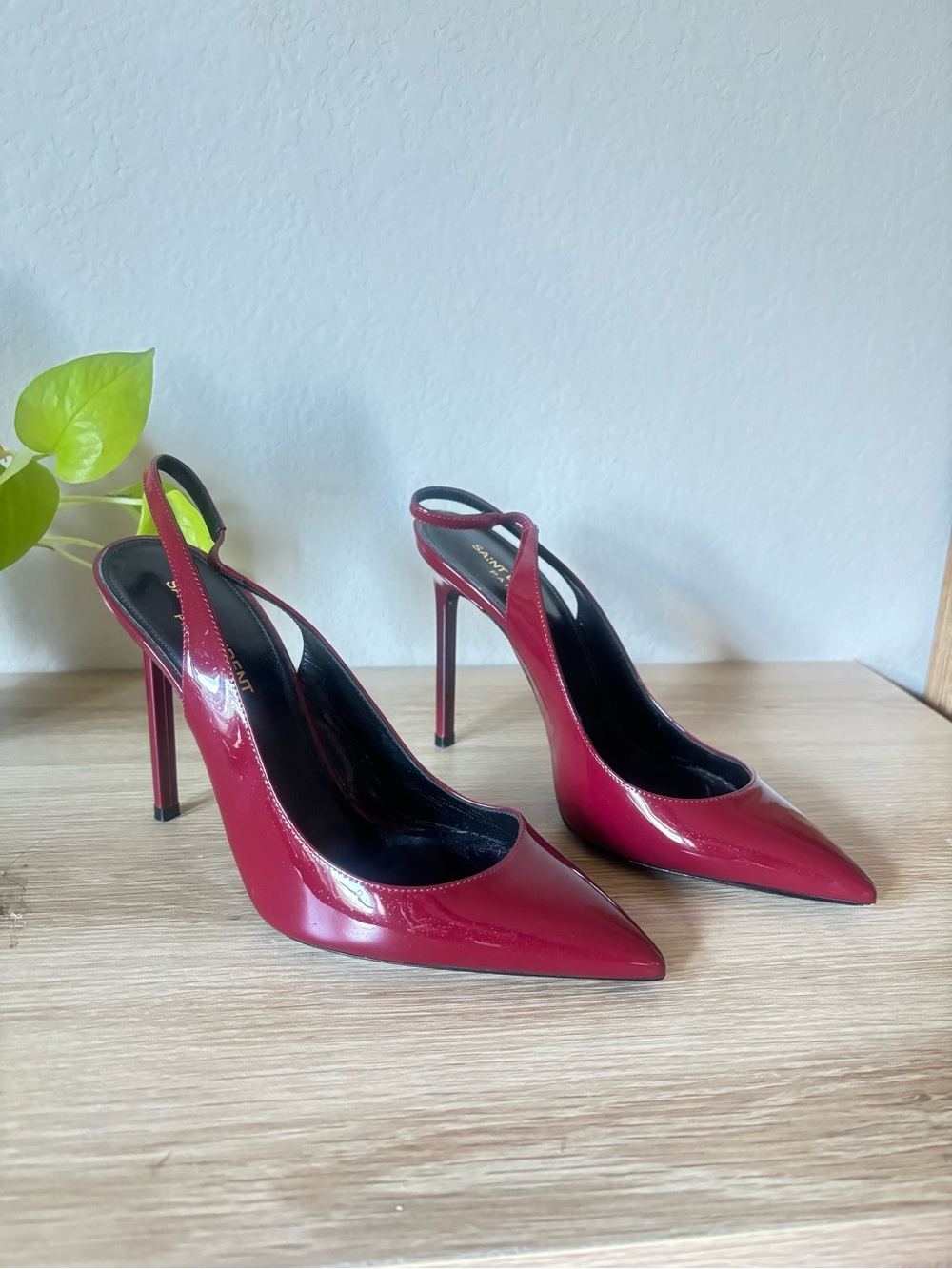 Saint Laurent Burgundy Patent Pointed Slingback Pumps